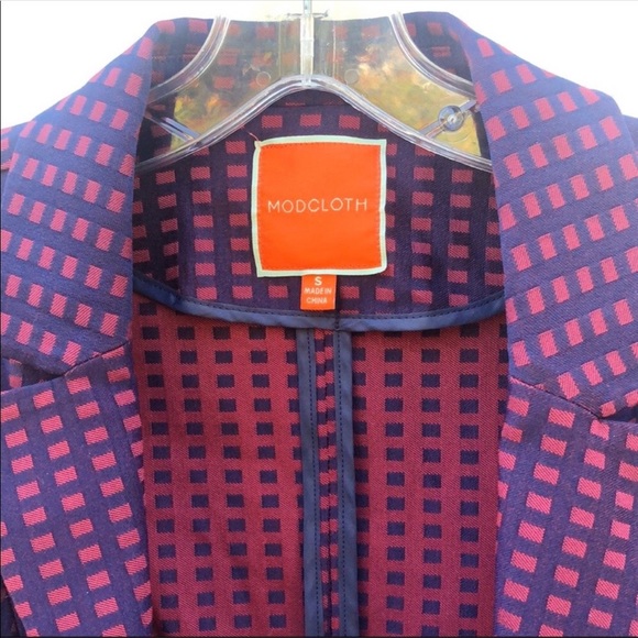Modcloth Womens small Navy & Maroon Grid Print Bow Back dressy Casual blazer - Picture 5 of 8